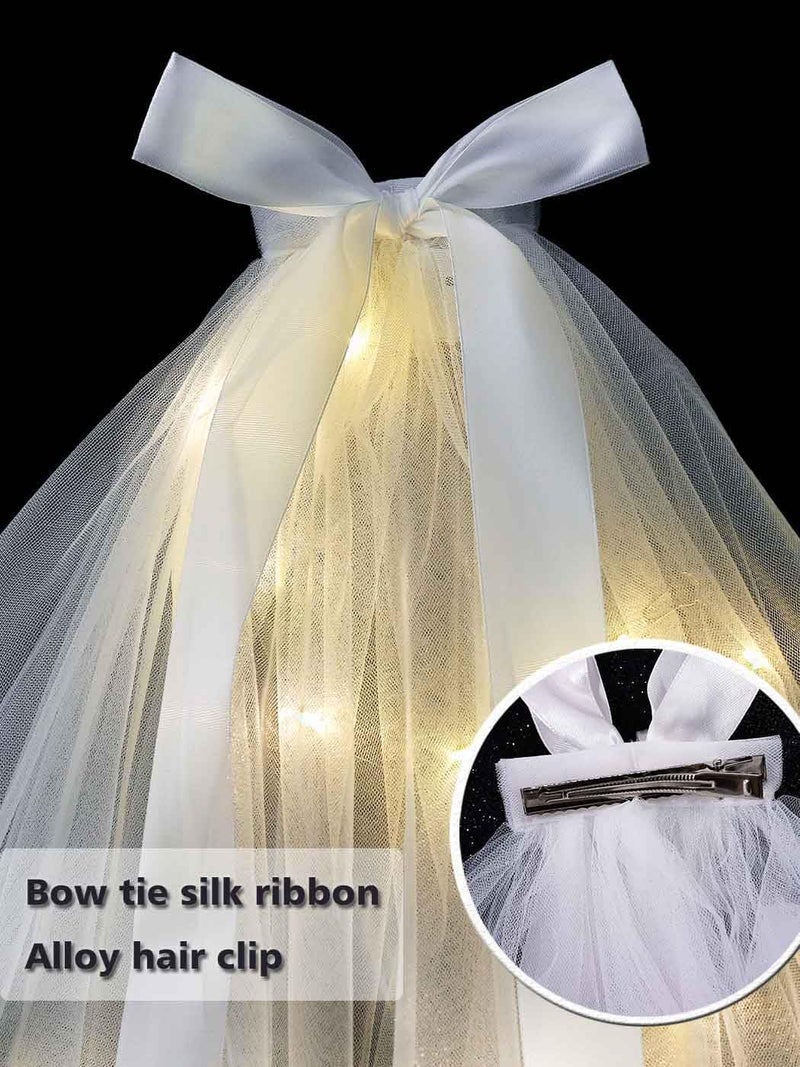 Foyte Light Up Wedding Bridal Veil 2 Tiers Bride Pearl Veils LED Bachelorette Bridal Hair Bow Short Tulle Hair Accessories - Image 4